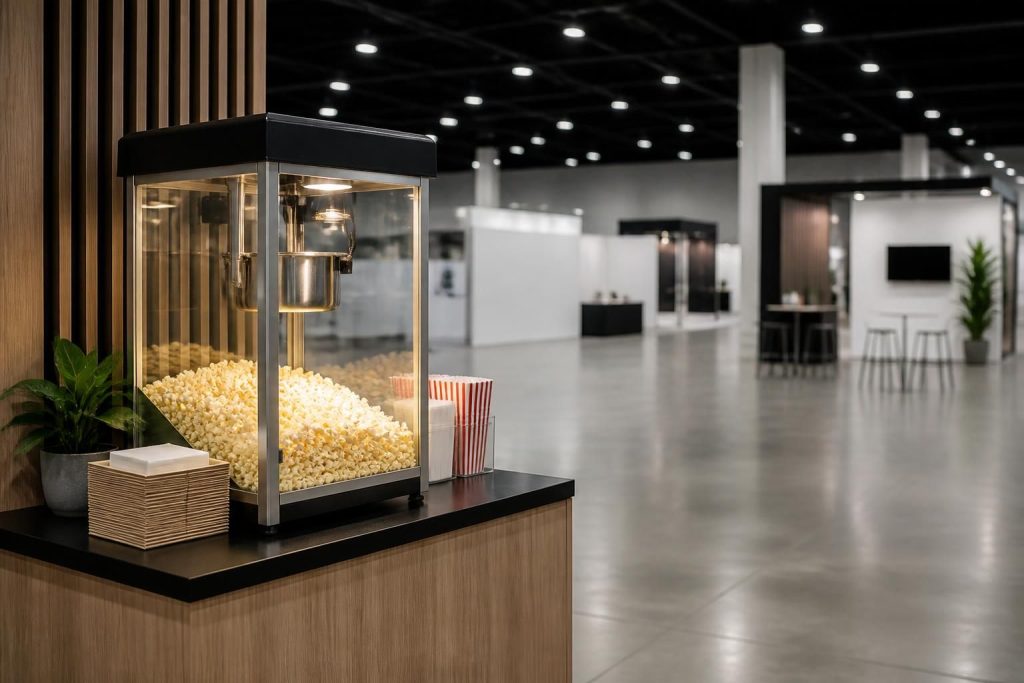 Booth traffic generation setup with a clean popcorn activation point