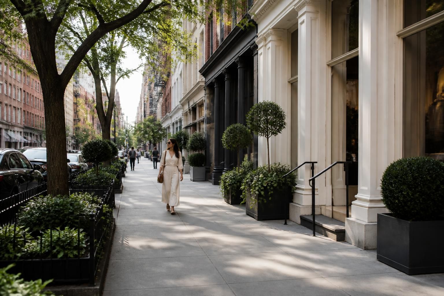 Chelsea street with elegant storefronts and tasteful greenery