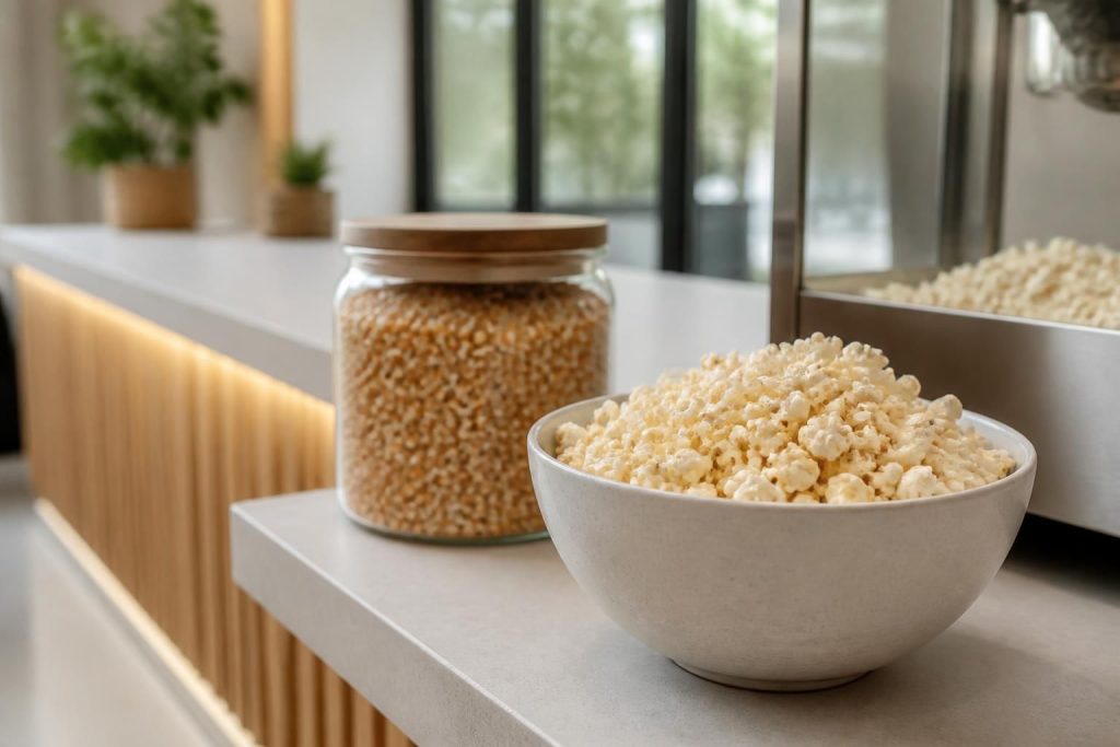 Fresh popcorn ingredients beside a finished event serving counter