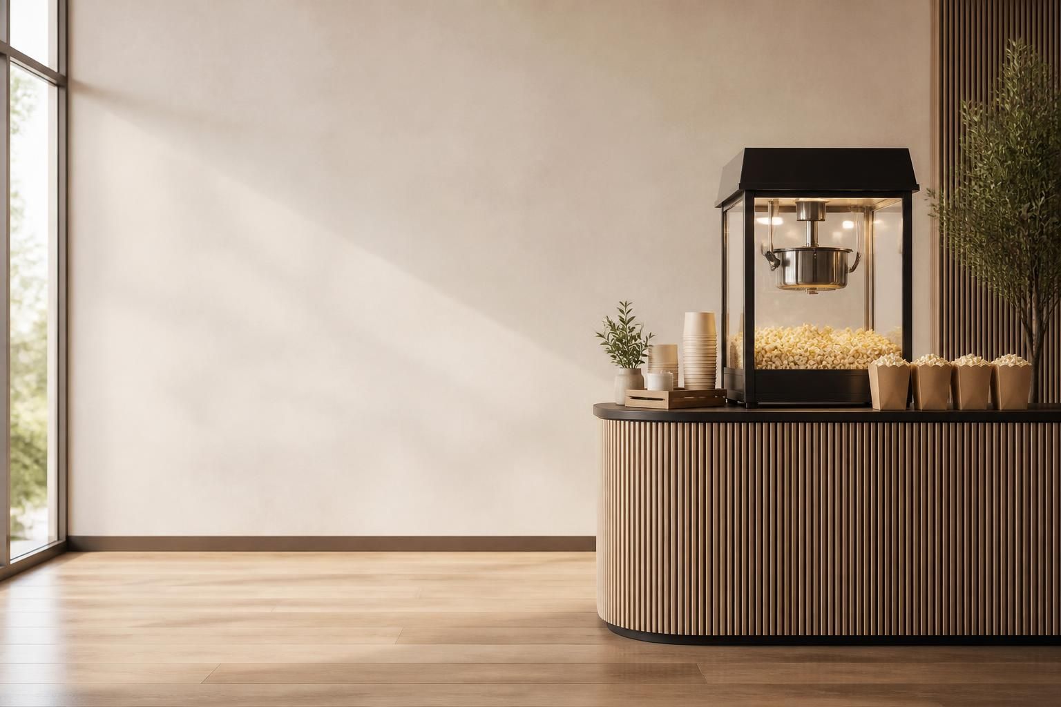 Clean event marketing space with popcorn station and negative space