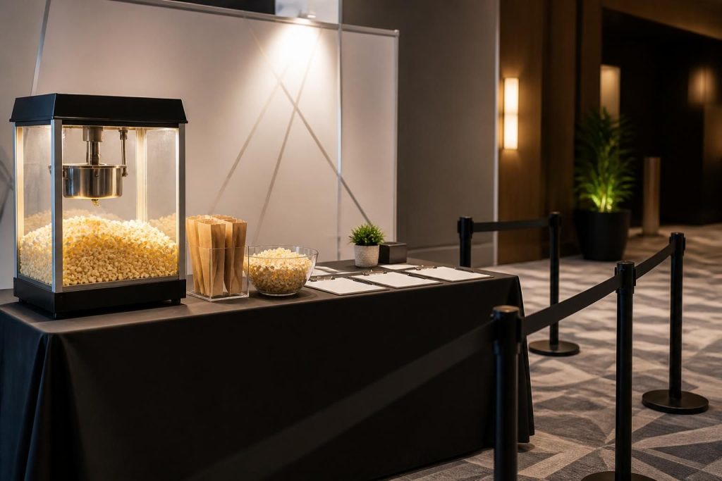 Event lead generation booth with a clean popcorn display
