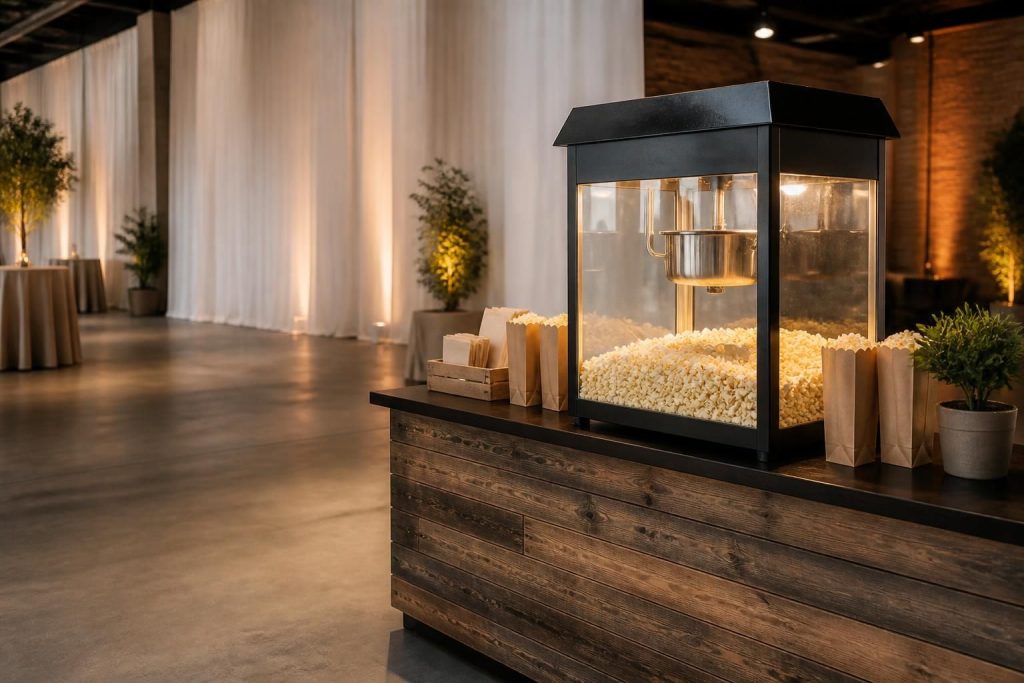 Wide event activation with a polished popcorn station and open space