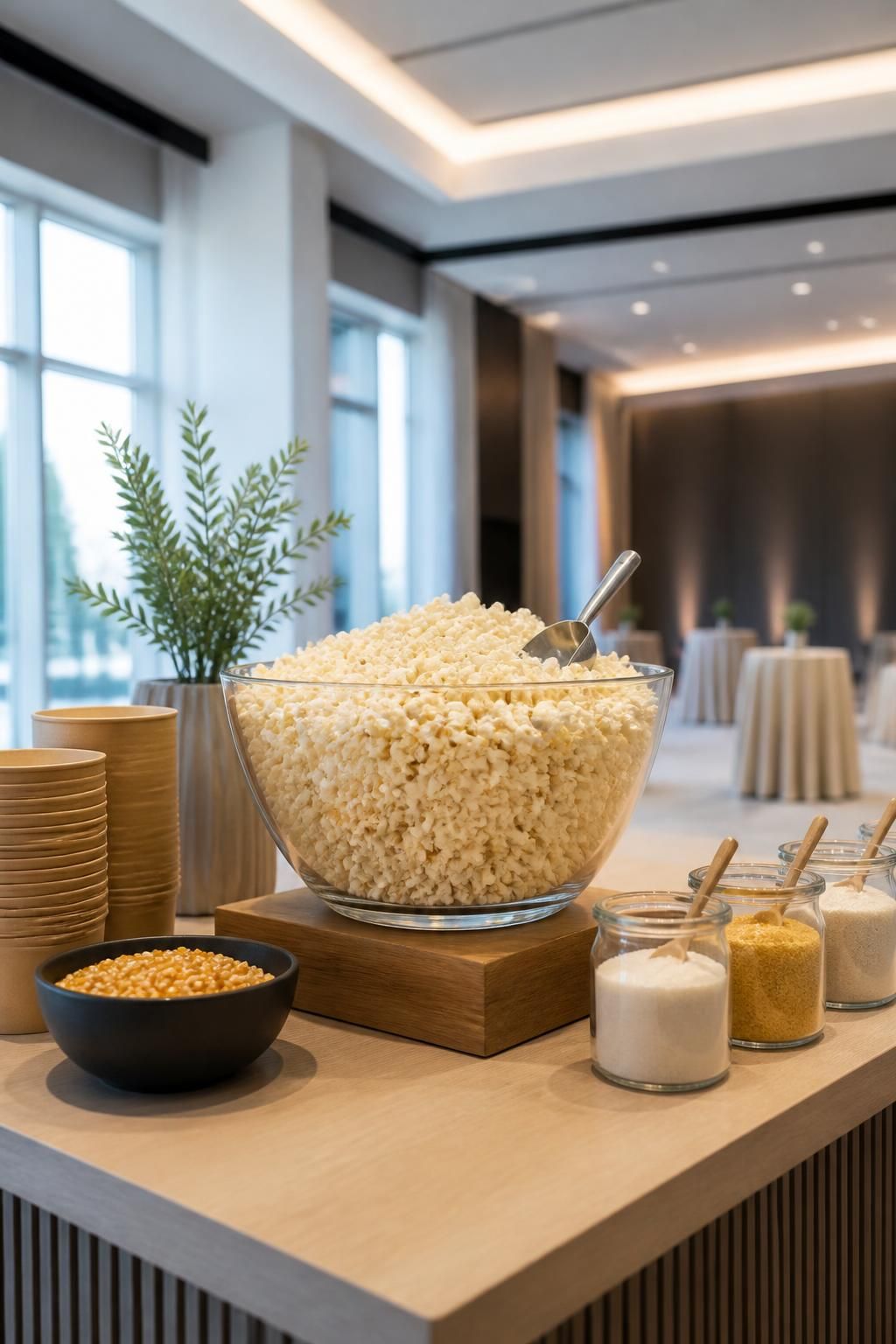 Modern event setup with a clean popcorn display and soft lighting