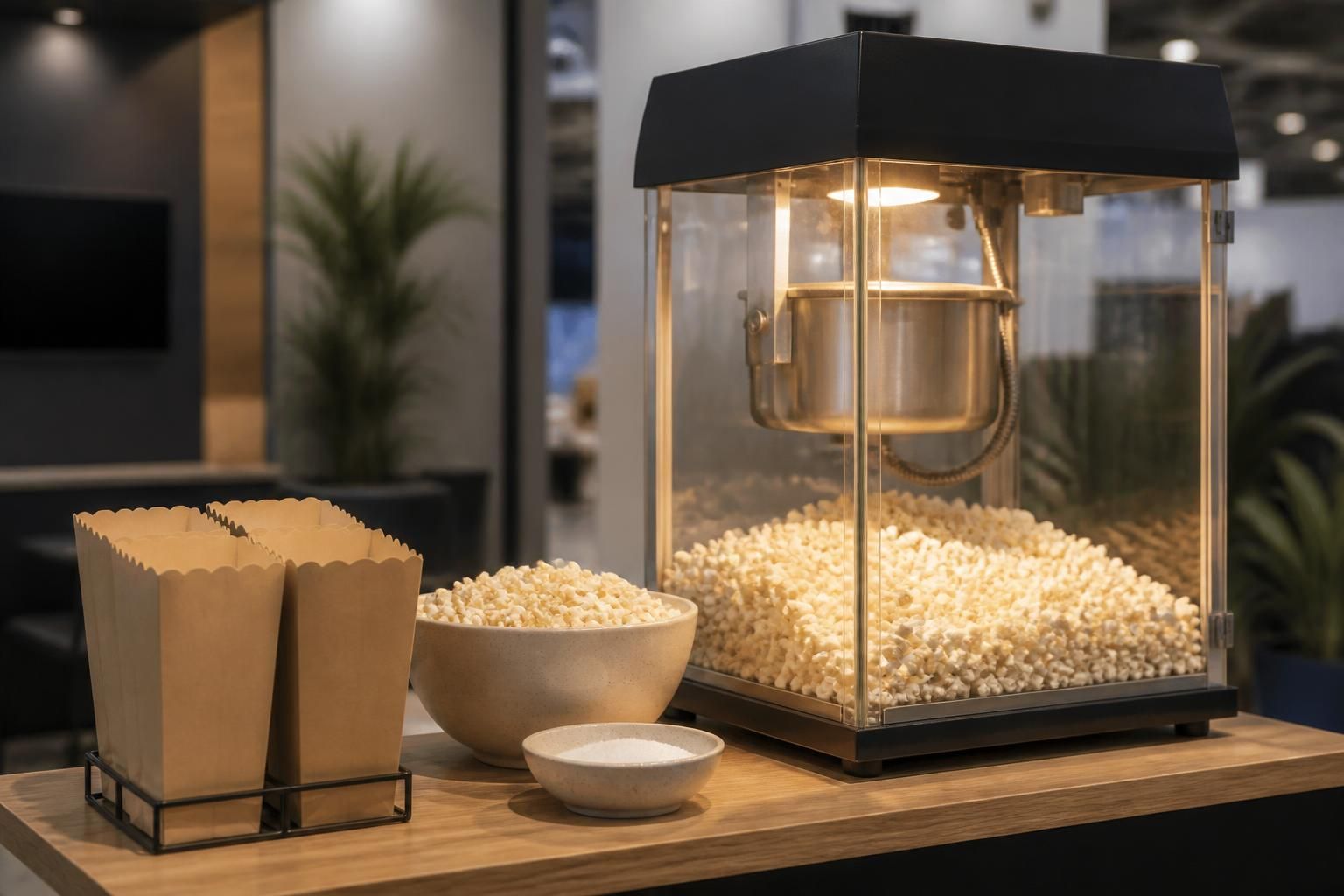 Popcorn activation at a trade show booth with warm lighting