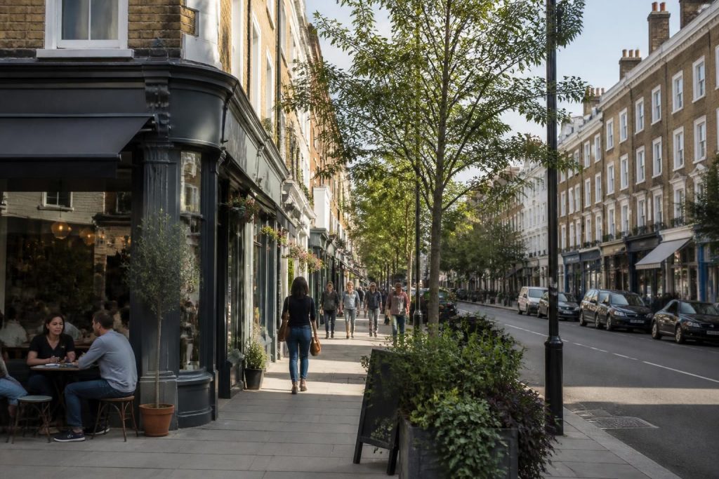 Islington neighborhood street with classic architecture and storefronts