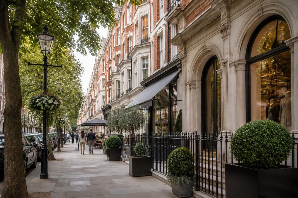 Kensington street with refined townhouses and a polished feel