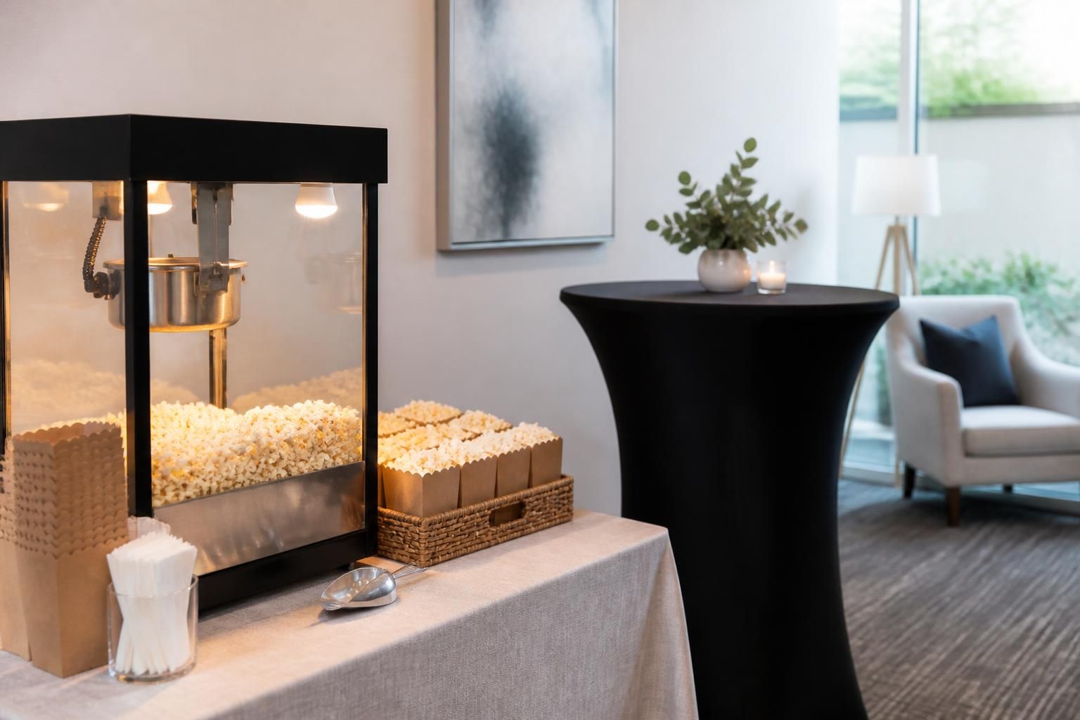 Lead capture event setup with a popcorn station and inviting area