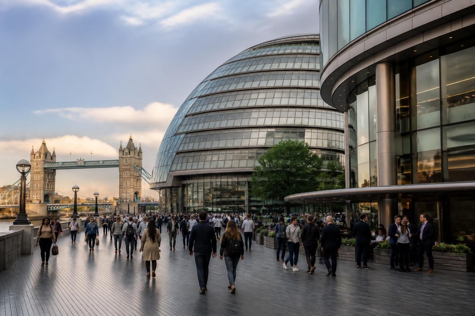 London commercial district with modern event venues and city architecture