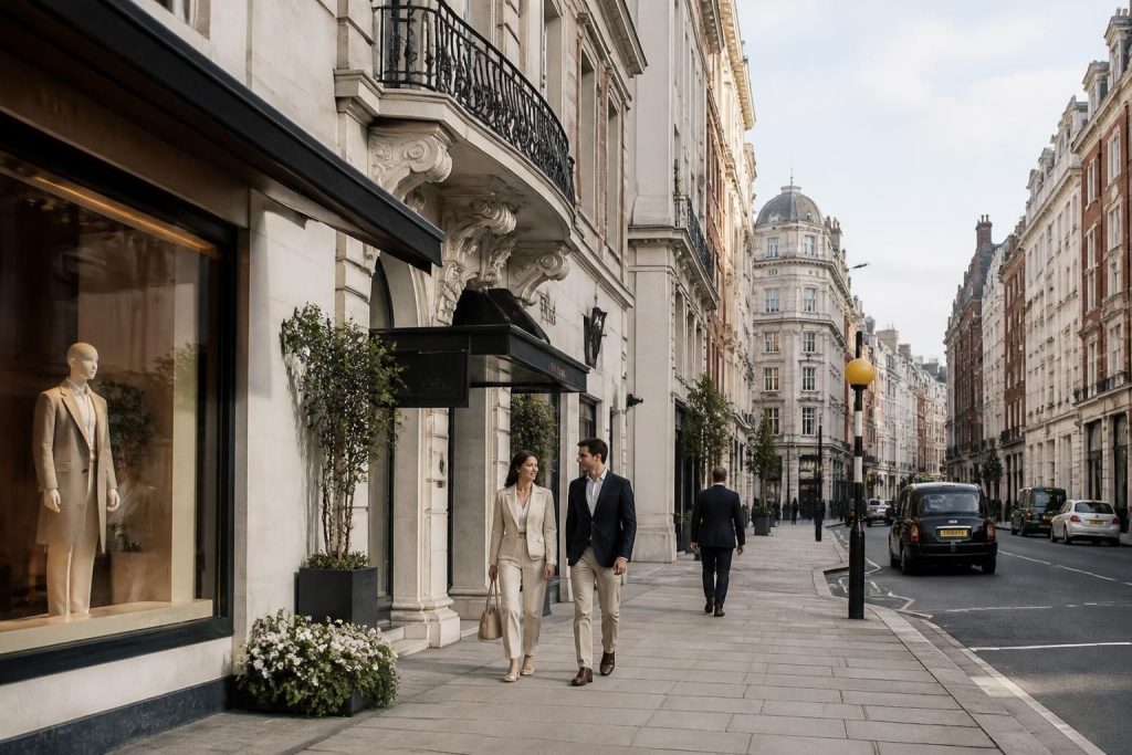 Mayfair street with sophisticated architecture and polished atmosphere
