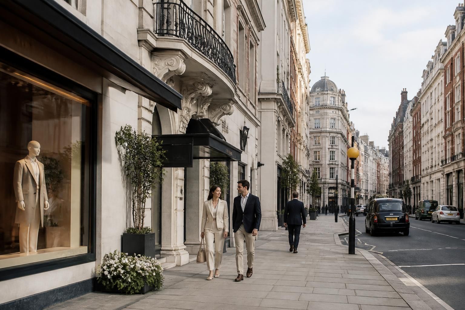 Mayfair street with sophisticated architecture and polished atmosphere
