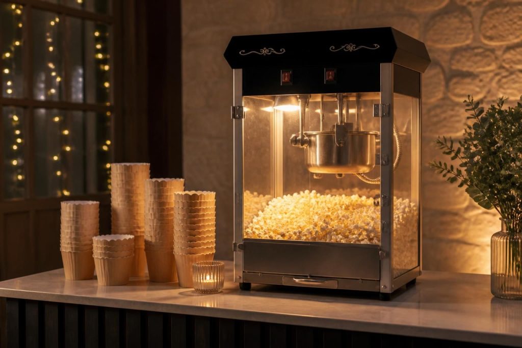 Finished popcorn hire event setup with a clean serving counter