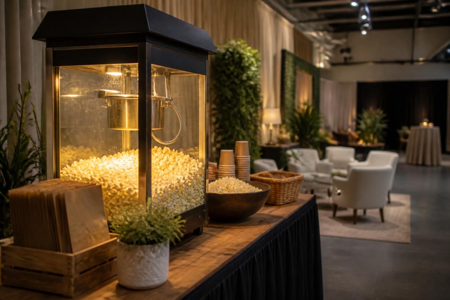 Prospect engagement event space with a welcoming popcorn station