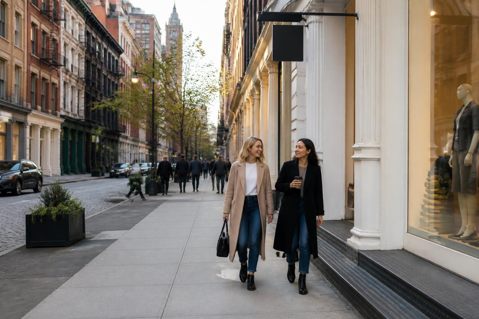 Soho city street with vibrant storefronts and urban energy