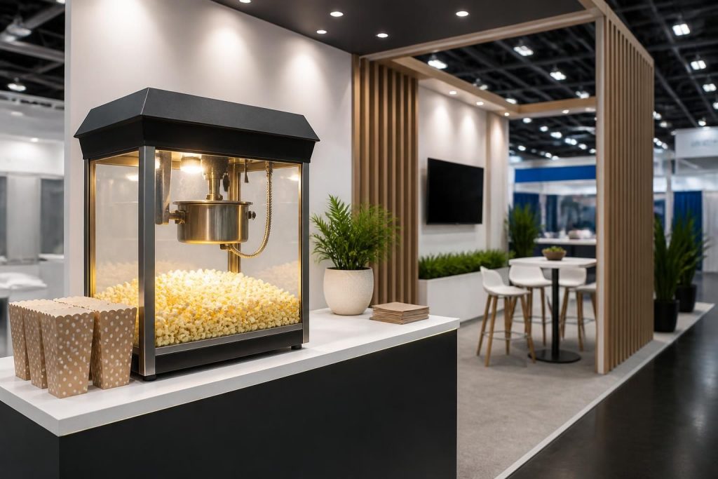 Trade stand with a bright popcorn station and tidy presentation